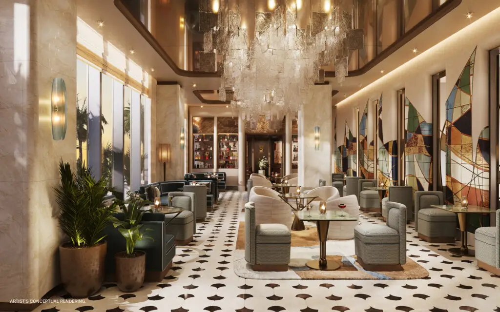 St. Regis Bahia Mar hotel bar lounge with crystal chandeliers, lounge seating and checkered marble floor