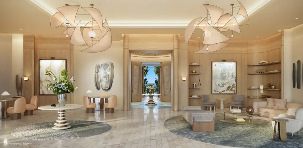 St. Regis Bahia Mar hotel lobby with sculptural chandeliers, marble floor and lounge seating