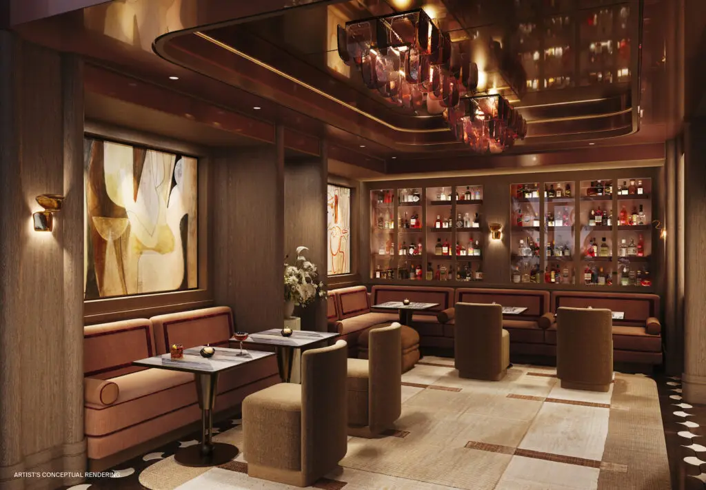 St. Regis Bahia Mar Spirit Room bar with wood cabinetry, leather chairs and intimate lounge seating