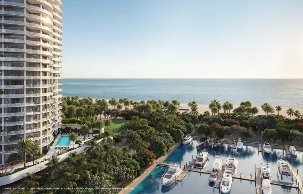 Aerial view of St Regis Bahia Mar towers, resort pool, marina and Fort Lauderdale beach