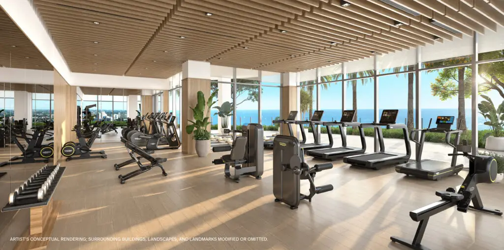 St. Regis Bahia Mar residents fitness center with cardio equipment, strength machines and ocean views