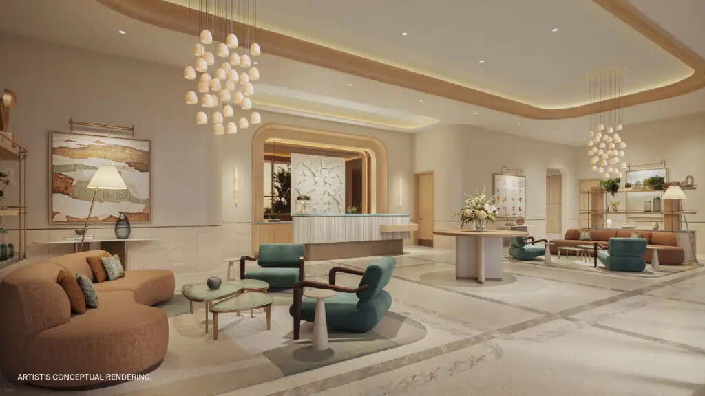 St. Regis Bahia Mar residential lobby with sculptural pendant lighting and lounge seating