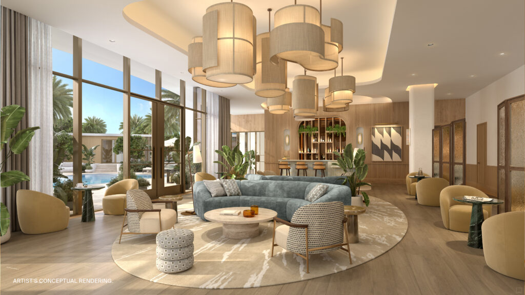 St Regis Bahia Mar residents' lounge with lantern pendants and curved sofa