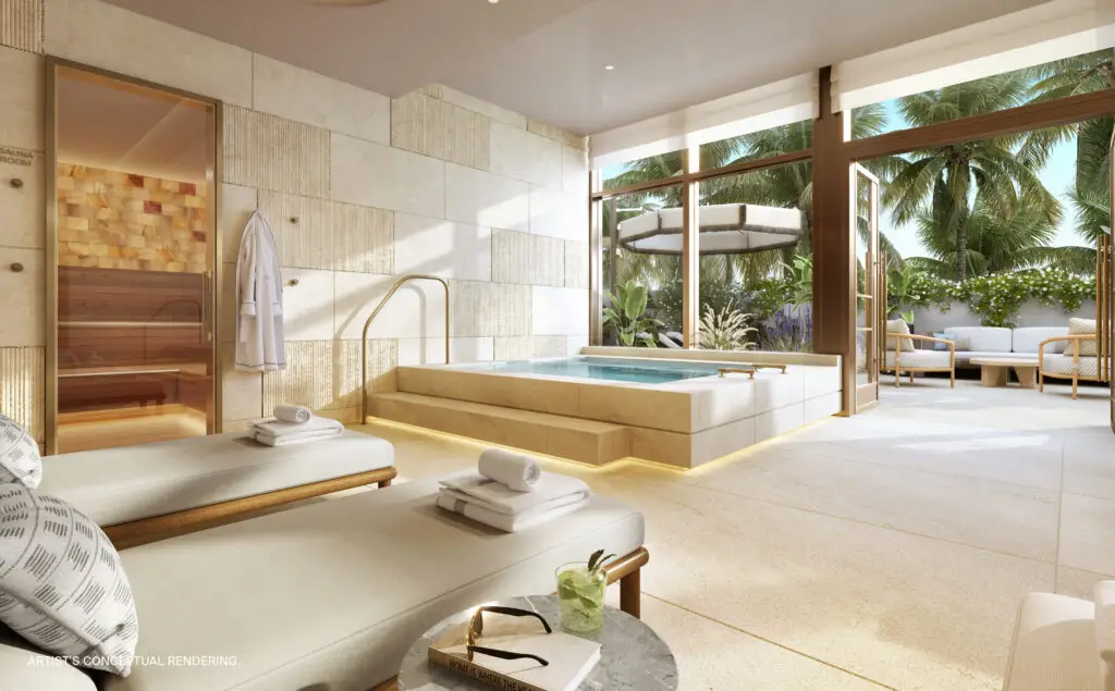 St. Regis Bahia Mar residents spa with hydrotherapy pool, stone walls and relaxation loungers