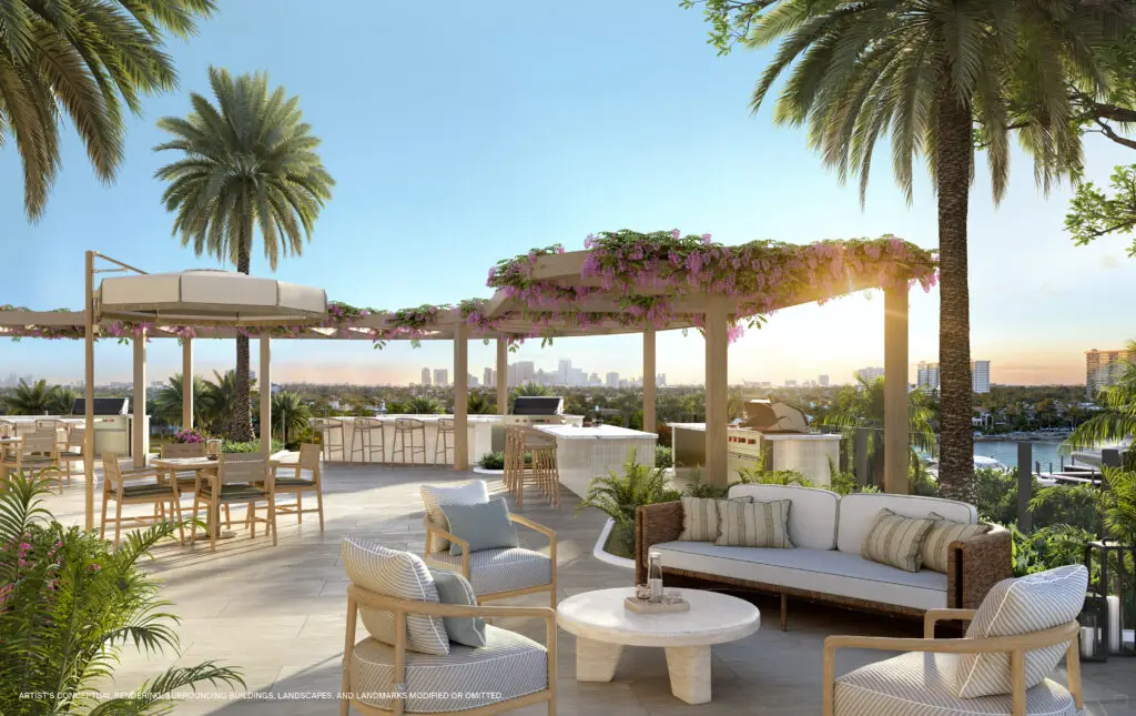 St. Regis Bahia Mar outdoor summer kitchen and pergola lounge among palm trees