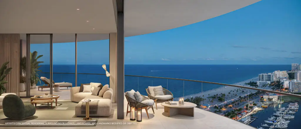 St Regis Bahia Mar residence balcony with lounge seating overlooking the Atlantic Ocean