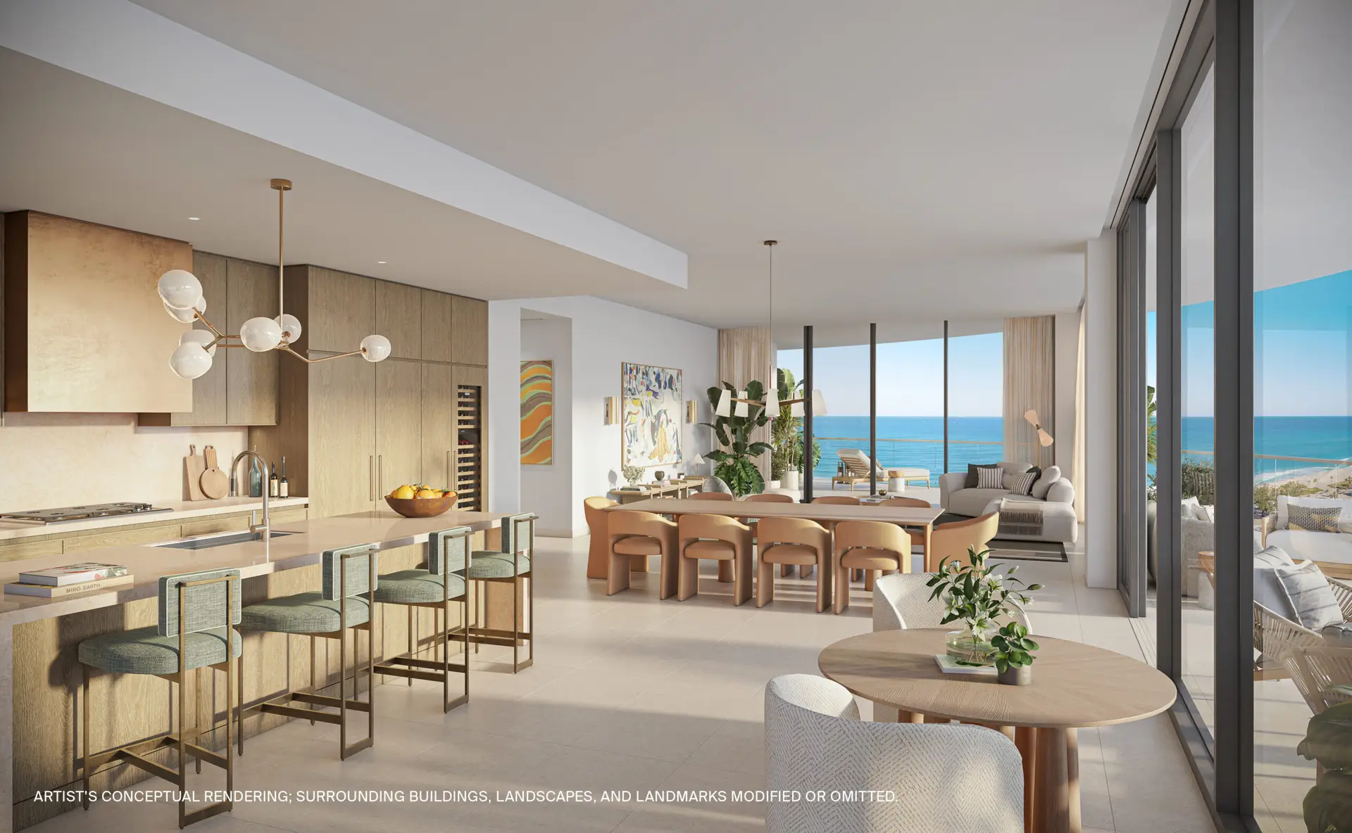 St Regis Bahia Mar price per square foot – open kitchen and living room with ocean views